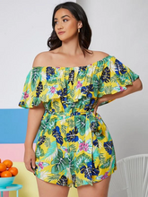 Load image into Gallery viewer, Harriett Plus Foldover Off Shoulder Tropical Print Romper