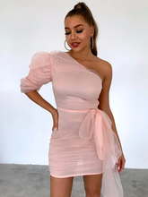 Load image into Gallery viewer, Billie One Shoulder Draped Ruched Mesh Bodycon Dress