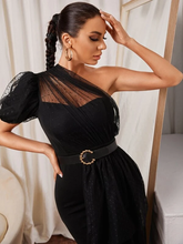 Load image into Gallery viewer, Oya One Shoulder Contrast Dobby Mesh Asymmetrical Drape Dress Without Belt