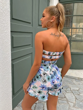 Load image into Gallery viewer, Maya Shirred Bodice Ruffle Hem Tropical Romper