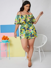 Load image into Gallery viewer, Harriett Plus Foldover Off Shoulder Tropical Print Romper