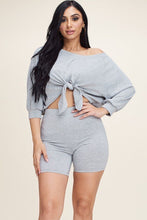 Load image into Gallery viewer, Billie Solid French Terry Tie Front Off The Shoulder Slouchy Top And Shorts Two Piece Set