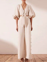 Load image into Gallery viewer, Zora Lantern Sleeve Crop Blouse w/High Waist Palazzo Pants- Exclusive Collection