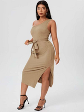 Load image into Gallery viewer, Harriett Plus One Shoulder Belted Split Side Dress