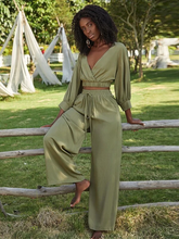 Load image into Gallery viewer, Oya Surplice Neck Top & Tie Waist Wide Leg Pants Set