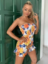 Load image into Gallery viewer, Maya Shirred Bodice Ruffle Hem Tropical Romper