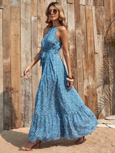Load image into Gallery viewer, Maya Ditsy Floral Belted Ruffle Hem Halter Dress
