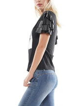 Load image into Gallery viewer, OYA SUNGLASS GIRL PATCH WITH FAUX LEATHER SLEEVE TOP
