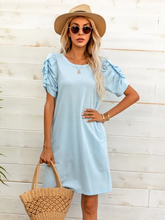 Load image into Gallery viewer, Maya Ruffle Trim Ruched Puff Sleeve Tee Dress
