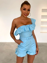 Load image into Gallery viewer, Maya One Shoulder Ruffle Trim Belted Romper
