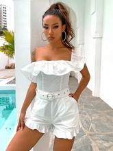 Load image into Gallery viewer, Maya One Shoulder Ruffle Trim Belted Romper
