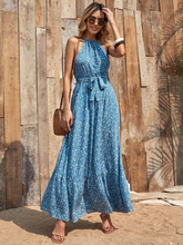 Load image into Gallery viewer, Maya Ditsy Floral Belted Ruffle Hem Halter Dress

