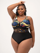 Load image into Gallery viewer, Cicely Plus Plant Print Contrast Mesh One Piece Swimsuit
