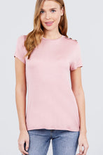 Load image into Gallery viewer, Short Sleeve Crew Neck W/shoulder Button Detail Rayon Spandex Top
