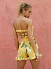 Load image into Gallery viewer, Maya Shirred Bodice Ruffle Hem Tropical Romper
