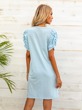 Load image into Gallery viewer, Maya Ruffle Trim Ruched Puff Sleeve Tee Dress

