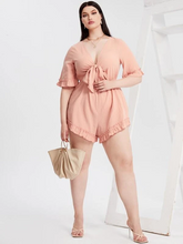 Load image into Gallery viewer, Harriett Plus Tie Front Flounce Sleeve Romper
